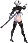  1girl ass back_cutout black_blindfold black_footwear black_hairband blindfold boots chain clothing_cutout covered_eyes feather-trimmed_sleeves feather_trim full_body hairband high_heels highres holding holding_sword holding_weapon juliet_sleeves leotard long_sleeves nier_(series) nier_reincarnation non-web_source official_art profile puffy_sleeves solo standing sword thigh-highs thigh_boots thighhighs_under_boots thong_leotard transparent_background weapon yorha_no._2_type_b yoshida_akihiko 