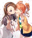  2girls ^_^ absurdres blush brown_hair cardigan cheek-to-cheek cherry_blossoms closed_eyes dress falling_petals fanny_pack forehead heads_together highres idolmaster idolmaster_(classic) idolmaster_million_live! leaning_forward looking_at_another minase_iori multiple_girls orange_hair petals pinafore_dress shiroyu simple_background smile straight_hair stuffed_animal stuffed_rabbit stuffed_toy takatsuki_yayoi twintails v w white_background yellow_cardigan 