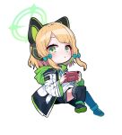  1girl animal_ear_headphones animal_ears b.t._(boob_tong) black_thighhighs blonde_hair blue_archive blue_bow blush bow cat_ear_headphones chibi controller fake_animal_ears full_body game_controller green_eyes hair_bow halo handheld_game_console headphones holding holding_handheld_game_console looking_at_viewer midori_(blue_archive) simple_background solo thigh-highs white_background zettai_ryouiki 