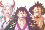  1girl 2boys artist_name black_hair closed_eyes crying earrings facial_hair goatee highres horns japanese_clothes jewelry kinemon long_hair momonosuke_(one_piece) multicolored_hair multiple_boys one_piece oni oni_horns open_mouth smile yamato_(one_piece) yggpippi 