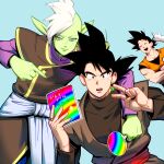  4boys arm_around_shoulder black_eyes black_hair blue_background book closed_eyes closed_mouth colored_skin crossed_arms dragon_ball dragon_ball_super earrings gloves goku_black green_skin hand_fan highres holding holding_book holding_fan jewelry long_sleeves middle_finger mohawk multiple_boys muscular muscular_male open_mouth out_of_frame pointing pointing_at_another pointy_ears simple_background single_earring smile son_goku spiky_hair supobi teeth v vegeta white_gloves white_hair zamasu 