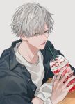  1boy bishounen cup disposable_cup drinking_straw green_eyes hacco96 highres holding holding_cup ice_cream_cup jacket jewelry long_sleeves looking_at_viewer male_focus open_clothes open_jacket open_mouth original ring shirt short_hair solo upper_body white_background white_hair white_shirt 