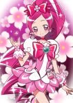  1girl brooch bun_(jewd5385) cherry_blossoms choker cure_blossom dress earrings flower_earrings heart_brooch high_ponytail highres jewelry long_hair magical_girl petals pink_background pink_choker pink_dress pink_theme precure puffy_sleeves smile solo 