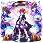  1girl :3 animal asymmetrical_hair black_coat coat doreking doremy_sweet dress full_body hat highres long_sleeves multicolored_clothes multicolored_dress non-web_source official_art open_clothes open_coat open_mouth pom_pom_(clothes) purple_hair red_headwear rotte_(1109) sheep shoes short_hair solo touhou touhou_lost_word transparent_background violet_eyes white_footwear yellow_horns 