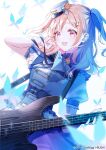  1girl bang_dream! bass_guitar blonde_hair blue_butterfly bug butterfly dress hat highres hiromachi_nanami instrument long_hair looking_at_viewer mini_hat misumi_(macaroni) morfonica official_art open_mouth pink_eyes puffy_short_sleeves puffy_sleeves short_sleeves two_side_up white_dress white_headwear 