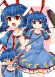  1girl animal_ears blue_dress blue_hair border bruise bruise_on_face crying dress hammer holding holding_hammer injury multiple_views pink_background rabbit_ears rabbit_girl red_eyes seiran_(touhou) short_hair smile torn_clothes touhou translation_request white_border zetsumame 