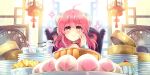  1girl :t ahoge bandaged_arm bandages blush bright_pupils bun_cover chair chopsticks closed_mouth cup drinking_glass eating food fruit green_ribbon hair_ribbon hand_on_own_cheek hand_on_own_face hands_up highres holding holding_chopsticks ibaraki_kasen lantern looking_at_viewer medium_hair non-web_source official_art on_chair orange_eyes paper_lantern peach pie pink_hair plate pudding ribbon second-party_source shirt sitting smile solo tofu touhou touhou_lost_word upper_body white_pupils white_shirt yamadori_ofuu 