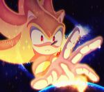  1boy animal_ears animal_nose arm_up artist_name black_sky closed_mouth earth_(planet) flying furry furry_male gloves hedgehog hedgehog_ears highres huyu_sth looking_to_the_side male_focus planet red_eyes sky solo sonic_(series) sonic_the_hedgehog space sparkle super_sonic teeth upper_body white_gloves yellow_fur 