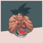  1boy biceps blonde_hair blush bowl closed_eyes collarbone dragon_ball eating elbows_on_table food fruit highres holding holding_food holding_fruit male_focus medium_hair mouth_hold muscular muscular_male pectorals seed solo son_goku spiky_hair supobi sweat teeth topless_male watermelon watermelon_slice 