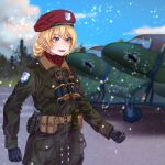  1girl alternate_costume belt beret binoculars black_gloves blue_sky blurry blurry_background braid clouds cloudy_sky coat commentary darjeeling_(girls_und_panzer) day depth_of_field emblem explosive flashlight girls_und_panzer gloves green_coat grenade hat highres looking_to_the_side military_hat open_mouth outdoors red_headwear red_scarf scarf short_hair sky smile solo st._gloriana&#039;s_(emblem) standing tigern_(tigern28502735) utility_belt world_war_ii 