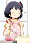  1girl ^_^ apron black_hair blush bow brown_eyes closed_eyes collarbone cooking cooking_pot dot_nose hair_bobbles hair_ornament happy holding idolmaster idolmaster_million_live! idolmaster_million_live!_theater_days indoors ladle nakatani_iku nmemoton one_side_up pink_apron pink_ribbon plate polka_dot polka_dot_apron ribbon shirt short_hair smile solo tongue tongue_out yellow_shirt 
