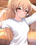  1girl ahoge alternate_costume arms_up blurry blurry_background brown_eyes brown_hair casual depth_of_field furrowed_brow highres hololive hololive_english long_hair looking_at_viewer multicolored_hair nanashi_mumei parted_lips ponytail sairen shirt streaked_hair t-shirt very_long_hair virtual_youtuber white_shirt 