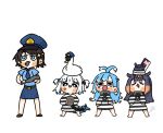 4girls :&lt; alicemuyuki anger_vein ball_and_chain_restraint baton_(weapon) belt bird black_hair blue_eyes blue_hair blue_necktie blue_skirt blunt_bangs blush_stickers chibi commentary crying crying_with_eyes_open duck english_commentary fins fish_tail gawr_gura gradient_hair hat highres hololive hololive_english hololive_indonesia holostars holostars_english kobo_kanaeru long_hair long_sleeves multicolored_hair multiple_girls necktie ninomae_ina&#039;nis oozora_subaru open_mouth orange_hair police police_hat police_uniform policewoman prison_clothes purple_hair shark_girl shark_tail short_hair sidelocks simple_background skirt streaked_hair subaru_duck sunglasses sweatdrop tail takodachi_(ninomae_ina&#039;nis) tears tentacle_hair two_side_up uniform virtual_youtuber weapon whistle white_background white_hair 