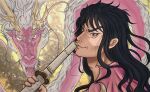  1boy artist_name black_hair closed_mouth dragon english_text highres holding holding_sword holding_weapon julipowart katana long_hair looking_at_viewer momonosuke_(one_piece) one_piece sword weapon 