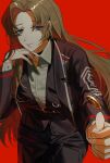  1girl black_jacket black_pants blue_eyes brown_hair coin collared_shirt highres jacket limbus_company lips lobpoint_72 long_sleeves looking_at_viewer pants project_moon red_background rodion_(limbus_company) shirt simple_background smile solo white_shirt 