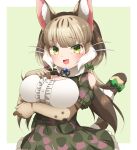  1girl animal_ears bare_shoulders breasts camouflage cat cat_girl cat_tail drias elbow_gloves extra_ears gloves green_eyes grey_hair highres jungle_cat_(kemono_friends) kemono_friends kemono_friends_v_project large_breasts long_hair looking_at_viewer microphone open_mouth ribbon shirt simple_background skirt solo tail virtual_youtuber 