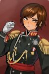 1girl black_jacket brown_eyes brown_hair closed_mouth duruchi_pm earrings gloves highres jacket jewelry limbus_company long_sleeves looking_at_viewer military military_jacket military_uniform outis_(limbus_company) project_moon short_hair solo uniform upper_body white_gloves 