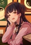  1girl arm_on_table black_hair black_ribbon blunt_bangs blush bow brown_eyes coffee dot_nose elbow_on_table frills head_rest highres idolmaster idolmaster_shiny_colors indoors jacket long_hair long_sleeves looking_at_viewer mayuzumi_fuyuko menu_board open_mouth osoba_susurukun picture_frame pink_jacket ribbon shirt skirt smile solo two_side_up white_shirt 