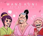 1boy 2girls artist_name black_hair closed_eyes english_text highres japanese_clothes leo_andreeda momonosuke_(one_piece) multiple_girls one_piece open_mouth pink_hair purple_hair short_hair smile tama_(one_piece) toko_(one_piece)