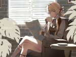  1girl armchair backlighting black_gloves black_vest blinds blonde_hair blue_eyes blunt_bangs blush braid brick_wall chair closed_mouth commission crossed_legs cup dm_owr english_text fingerless_gloves girls_frontline gloves grey_shirt hair_intakes hair_ribbon holding holding_cup indoors legwear_garter long_hair long_sleeves looking_at_viewer newspaper plant ribbon saucer shirt sidelocks sitting solo striped striped_shirt table teacup vest welrod_mkii_(girls&#039;_frontline) window 