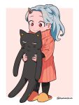  1girl boku_no_hero_academia cat closed_mouth eri_(boku_no_hero_academia) full_body grey_hair highres holding horns long_hair long_sleeves nns146 orange_sweater ponytail red_eyes single_horn slippers smile solo standing sweater 