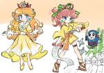  2girls 4others absurdres bamboo blush breasts brown_hair crown dress dual_persona earrings gloves highres holding holding_knife holding_scroll japanese_clothes jewelry knife long_hair looking_at_viewer mini_crown multiple_girls multiple_others ninja ponytail princess_daisy rakugaki_shitagari-ya scroll shy_guy super_mario_bros. white_gloves yellow_dress 