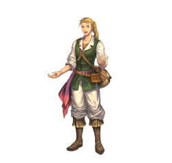  1boy absurdres blonde_hair blue_eyes boots brown_boots collarbone commentary_request fire_emblem fire_emblem:_radiant_dawn fire_emblem_heroes full_body highres izuka_daisuke jorge_(fire_emblem) long_hair looking_at_viewer male_focus official_art ponytail second-party_source simple_background sleeves_rolled_up solo standing white_background 