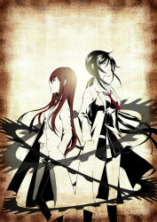  1girl 2girls back-to-back bad_link black_hair black_pantyhose black_shorts black_socks breasts buttons chaos;child chaos;child:_children&#039;s_collapse closed_eyes double-breasted dress_vest gears highres kneehighs kunosato_mio lab_coat leather_shorts long_hair long_sleeves makise_kurisu medium_breasts miniskirt multiple_girls necktie official_art onsinf2 pantyhose red_necktie sailor_collar science_adventure short_necktie short_shorts shorts skirt small_breasts socks steins;gate very_long_hair violet_eyes white_sailor_collar 