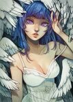  1girl angel blue_eyes blue_hair dress feathered_wings highres looking_at_viewer lord_griselda medium_hair mole mole_under_mouth original pink_eyes pink_nails two-tone_eyes upper_body white_dress white_wings wings 