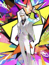  abstract_background glitch hair_slicked_back hand_in_pocket mullet official_art rainbow_outline revealing_layer sd2190392804 smug snapping_fingers suit tinted_eyewear to_be_hero to_be_hero_x vest white_suit white_vest x_(to_be_hero_x) x_ornament yellow-tinted_eyewear 