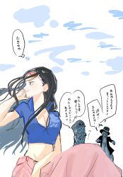  1boy 2girls ascot black_hair blue_jacket coat commentary_request cropped_jacket eyewear_on_head goggles goggles_on_headwear hat highres jacket koala_(one_piece) long_hair multiple_girls n_i_c0 nico_robin one_piece pink_sarong sabo_(one_piece) sarong sitting smile speech_bubble thought_bubble tongue tongue_out translation_request 