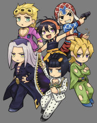  6+boys animal_print black_hair black_pants black_shirt blonde_hair blue_shirt bruno_bucciarati bullet chibi chibi_only coco_jumbo crossed_arms earrings full_body giorno_giovanna green_pants grey_hair grin guido_mista gun holding holding_gun holding_weapon jacket jewelry jojo_no_kimyou_na_bouken leone_abbacchio midriff moisukii multiple_boys narancia_ghirga open_mouth outstretched_arms pannacotta_fugo pants pectoral_cleavage pectorals purple_jacket shirt short_hair smile spread_arms sticky_fingers_(stand) vento_aureo violet_eyes weapon white_pants white_shirt zebra_print zipper_pull_tab 