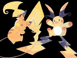  akira_a_a black_background blue_eyes closed_mouth fang full_body highres mega_pokemon mega_raichu_x mega_raichu_y multiple_tails no_humans open_mouth orange_fur pokemon pokemon_(creature) pokemon_focus pokemon_legends:_z-a raichu red_eyes simple_background smile tail very_long_ears very_long_tail yellow_fur 
