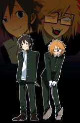  2boys :3 arms_behind_back black_background black_coat black_eyes black_hair boxcutter coat fangs full_body gakuran glasses highres holding holding_boxcutter holding_knife jacket knife kohakohakohata looking_at_viewer male_focus multiple_boys open_clothes open_jacket orange_hair randal&#039;s_friends randal_ivory school_uniform short_hair standing tsukada_satoru uneven_eyes zoom_layer 