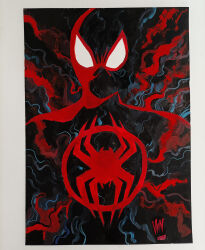  1boy abstract_background animal_print artist_name black_bodysuit black_mask bodysuit building colorful_background dynamic_pose highres male_focus mask mask_on_head miles_morales minimalism photo_(medium) print_bodysuit red_bodysuit reflection signature silk solo spider-man_(miles_morales) spider_print spider_web spider_web_print superhero_costume traditional_media two-tone_bodysuit upper_body vinartwork white_eyes 