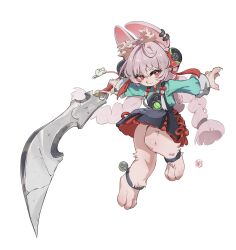  1girl accessories animal_ear_fluff animal_ears black_dress braid bright_pupils charm_(object) claws dress ear_piercing furry furry_female green_shirt highres holding holding_sword holding_weapon jodytsengart legband looking_to_the_side medallion o-ring_necktie piercing pink_fur pink_hair rabbit_ears rabbit_girl rabbit_tail red_eyes red_skirt screw shirt short_eyebrows skirt solo sword tail thick_eyebrows twin_braids twintails weapon white_background white_fur white_pupils zenless_zone_zero zhao_(zenless_zone_zero) 