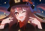  1girl ;d black_nails bracelet brown_hair chinese_clothes commentary double_v genshin_impact hair_between_eyes hat hu_tao_(genshin_impact) jewelry kitsuneco long_hair long_sleeves looking_at_viewer nail_polish one_eye_closed orange_eyes porkpie_hat ring sidelocks smile solo symbol-shaped_pupils turtleneck twintails v 