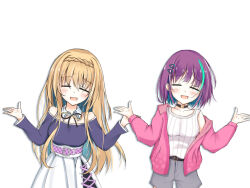  2girls :d =_= aqua_hair bare_shoulders belt black_belt black_choker black_ribbon black_shirt blunt_bangs blush braid breasts casual choker closed_eyes collarbone colored_inner_hair commentary_request cowboy_shot crown_braid detached_collar facing_viewer grey_shorts hair_between_eyes hair_ornament hairclip hands_up high-waist_skirt ibaraki_rino jacket kido_tsubasa large_breasts long_hair long_sleeves medium_hair multicolored_hair multiple_girls neck_ribbon off-shoulder_shirt off_shoulder open_clothes open_jacket open_mouth parallel_hairclips parquet_(yuzusoft) pink_jacket ribbon shirt shorts shrugging side-by-side sidelocks simple_background single_bare_shoulder skirt sleeveless sleeveless_shirt smile straight_hair streaked_hair two-tone_hair uuy_(uuypro) very_long_hair w_arms white_background white_shirt white_skirt 