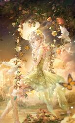  1girl artist_request bird blue_flower bud bug butterfly castle chest_jewel clouds coattails dove dress fairy feet_out_of_frame flower forest full_moon game_cg gem gold_necklace green_dress grey_hair hair_flower hair_ornament hand_on_own_chest highres hill jewelry lake lavender_(flower) light_particles light_smile lily_(flower) lips moon nature necklace nikki_(series) official_art on_swing orange_flower outdoors parted_lips pink_flower pink_lips pink_rose plant purple_flower purple_gemstone rose shining_nikki short_dress short_hair_with_long_locks shoulder_tattoo single_sidelock sitting sky solo strapless strapless_dress stray_springwood_(shining_nikki) swing swinging_on_swing tattoo teeth tree twilight vines white_flower white_rose yellow_eyes yellow_flower yexiao_(shining_nikki) 
