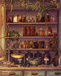  book cupboard drawer highres indoors jar mortar_(bowl) no_humans original pencil pestle plant scales spindle turnipot 