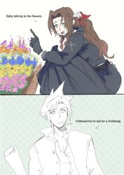  1boy 1girl absurdres aerith_gainsborough aerith_gainsborough_(midgard_seventh_high_school) bandaid bandaid_on_face baseball_bat belt black_belt black_gloves black_mask black_shirt black_skirt brown_hair cloud_strife cloud_strife_(midgard_seventh_high_school) collared_shirt crop_top delinquent english_commentary english_text final_fantasy final_fantasy_vii final_fantasy_vii_ever_crisis floral_print flower flower_bed gakuran garden gloves green_eyes hair_flower hair_ornament hair_ribbon highres holding holding_baseball_bat jacket light_blush long_hair long_skirt long_sleeves mask midriff_peek mouth_mask mouth_pull official_alternate_costume official_alternate_hairstyle open_mouth parted_bangs parted_lips red_ribbon ribbon school_uniform shirt short_hair side_ponytail sidelocks sketch skirt sodacure21 spiky_hair squatting sukeban sweatdrop upper_body white_flower 