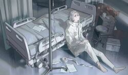  1boy aotsuki_eito bandages barefoot bed chest_of_drawers chinese_commentary commentary cup curtains first_aid_kit glasses grey_hair highres hospital hospital_bed indoors intravenous_drip iv_stand jacket lignedefuite54001 looking_up male_focus no_gloves short_hair sitting solo stool the_hundred_line_-last_defense_academy- violet_eyes white_jacket 