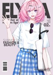  1girl alternate_costume bag blue_eyes character_name commentary cover elf elysia_(honkai_impact) english_commentary english_text eyewear_hang fake_magazine_cover grey_background highres honkai_(series) honkai_impact_3rd kotobuki_aoi looking_at_viewer magazine_cover open_mouth pink_hair pointy_ears shirt short_hair shoulder_bag smile solo two-tone_skirt unworn_eyewear white_shirt 