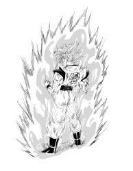  1boy absurdres aura boots clenched_hands dougi dragon_ball dragon_ball_super fenyon from_behind full_body greyscale halftone highres male_focus medium_hair monochrome powering_up simple_background solo son_goku spiky_hair super_saiyan super_saiyan_blue white_background 
