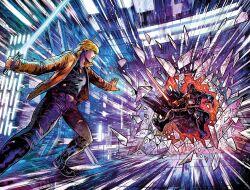  2boys armor black_boots black_cape black_shirt blue_lightsaber boots brown_hair brown_jacket cape darth_vader denim dynamic_pose energy_sword fighting galactic_empire_(star_wars) gloves helmet holding holding_sword holding_weapon jacket jeans jedi lightsaber luke_skywalker multiple_boys official_art pants red_lightsaber science_fiction shirt short_hair sith spacecraft spacecraft_interior star_wars sword telekinesis through_window vinartwork weapon western_comics_(style) 