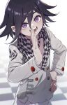  1boy black_hair buttons checkered_clothes checkered_scarf cheeseko danganronpa_(series) danganronpa_v3:_killing_harmony double-breasted grey_jacket hair_between_eyes hand_up highres jacket long_sleeves looking_at_viewer male_focus medium_hair open_mouth ouma_kokichi scarf short_hair smile solo straitjacket teeth upper_body violet_eyes 
