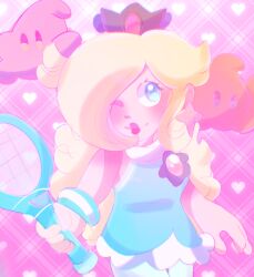  aqua_dress blue_eyes blue_shirt crown dress earrings grey_crown hair_over_one_eye highres jewelry luma_(mario) mario_tennis mario_tennis:_ultra_smash nintendo racket rosalina rosalina_(ultra_smash) shirt sportswear star_(symbol) star_earrings super_mario_bros. super_mario_galaxy tennis tennis_racket tennis_uniform 