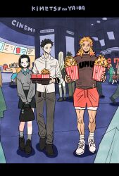  2girls agatsuma_zenitsu aqua_pants aqua_shirt aqua_shorts bag black_bow black_hair black_shoes black_skirt blonde_hair boar_mask bow brother_and_sister brown_hair brown_shirt child closed_mouth collared_shirt colored_tips cup disposable_cup food full_body grey_pants grey_shirt grey_socks hakuji_(kimetsu_no_yaiba) hashiba highres holding holding_bag kamado_nezuko kamado_tanjirou kimetsu_no_yaiba koyuki_(kimetsu_no_yaiba) long_hair movie_theater multicolored_hair multiple_boys multiple_girls open_mouth orange_hair pants parted_bangs parted_lips popcorn red_hair red_shoes scar scar_on_face scar_on_forehead shirt shoes short_hair shorts siblings sidelocks skirt smile socks takeuchi_ryousuke teeth topless_male white_shirt white_shoes 