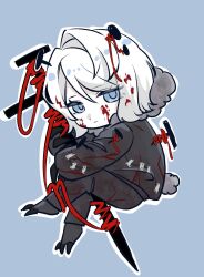 1girl bear_claws blood blood_on_face blue_background blue_eyes chibi claws closed_mouth coat e.g.o_(project_moon) eipenor faust_(project_moon) full_body fur_trim grey_coat grey_pants hex_nail_(e.g.o) highres holding holding_nail limbus_company looking_at_viewer nail_(hardware) pants paw_sleeves project_moon red_yarn short_hair simple_background sitting solo stitches white_hair