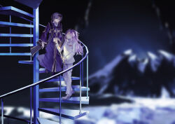  2boys absurdres black_eyes black_hair black_shoes blurry blurry_background candle candlestand closed_eyes closed_mouth curtained_hair facing_another frown full_body fumi_(rdbm) grey_shoes hatsutori_hajime highres holding_candlestand holding_hands jacket long_hair long_sleeves looking_down male_focus mountain multiple_boys night on_stairs outdoors pants parted_bangs pink_hair purple_robe robe saibou_shinkyoku shoes short_hair smile spiral_staircase stairs stole swept_bangs utsugi_noriyuki walking white_jacket white_pants 